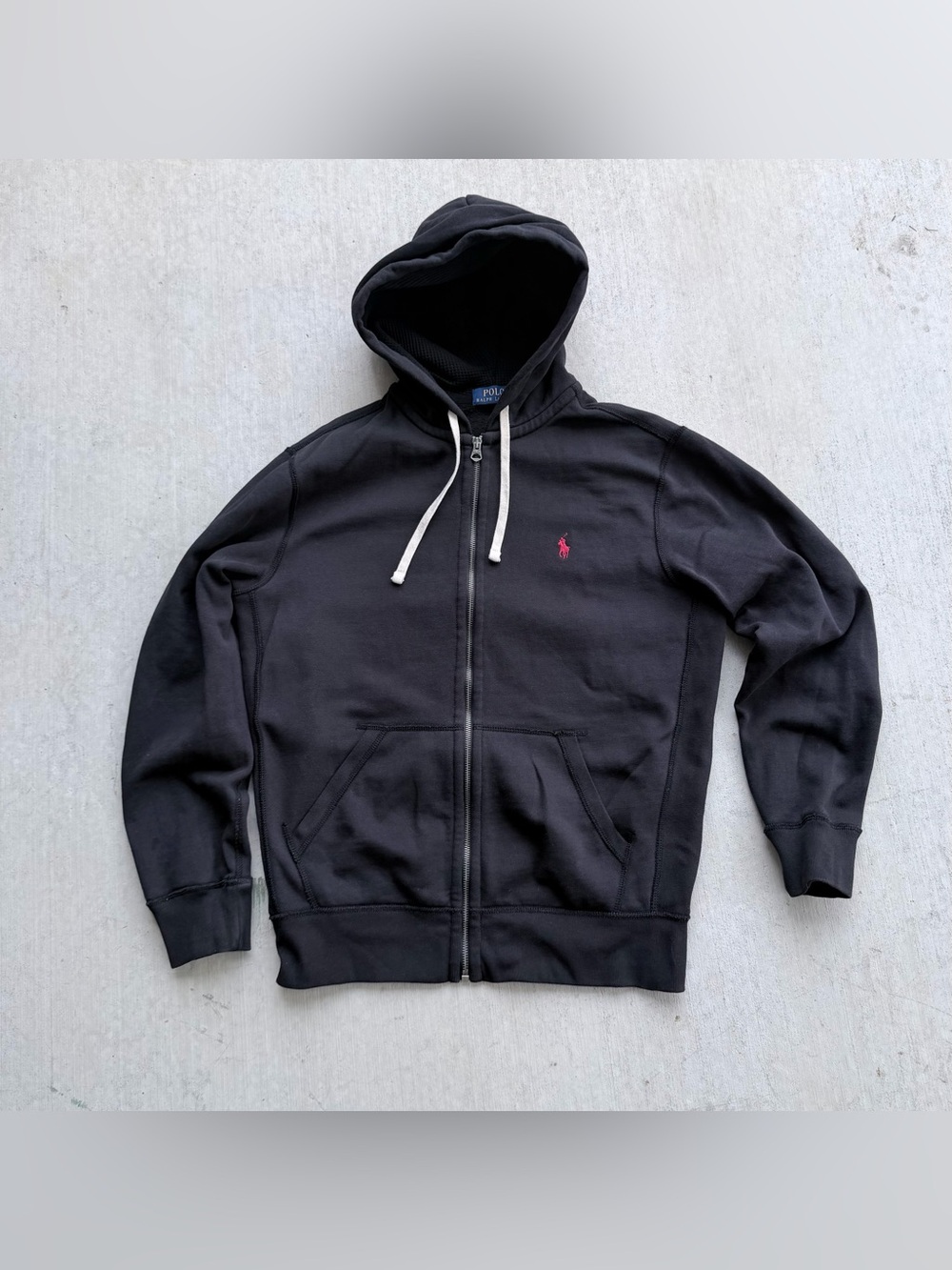 Polo Ralph Lauren Waffle Hoodie Men Size Medium Zip Up Black
